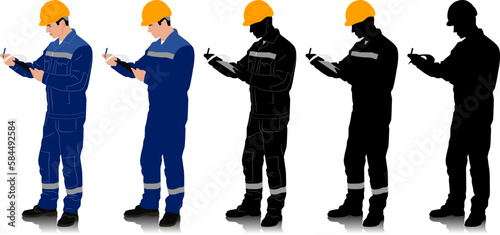 Silhouette of worker with a helmet. A worker holding a clipboard. Different color options. Hand drawn vector illustration isolated on white. Full length view