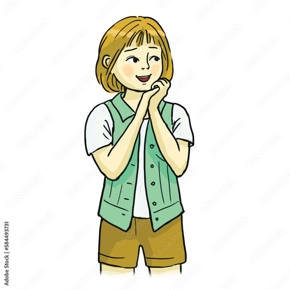 Color illustration, hand drawn. A teenage girl looks at something with admiration. Color illustration, hand drawn. A teenage girl looks at something with admiration.