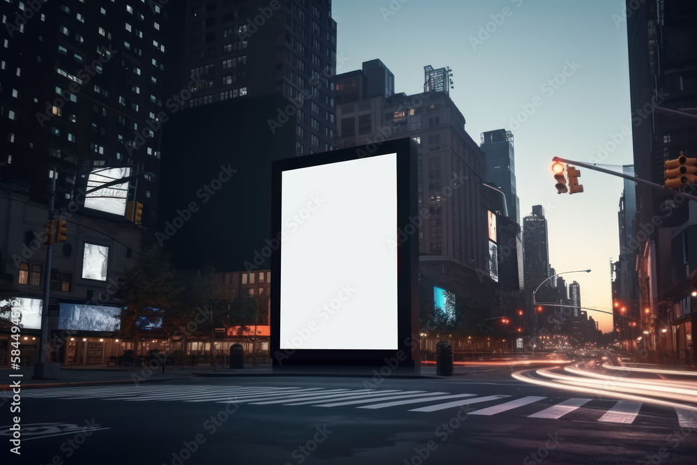 Blank billboard on the street. blank white billboard at bus stop on city street. In the background buildings and road. Mock up. Poster on street next to roadway.  Generative AI