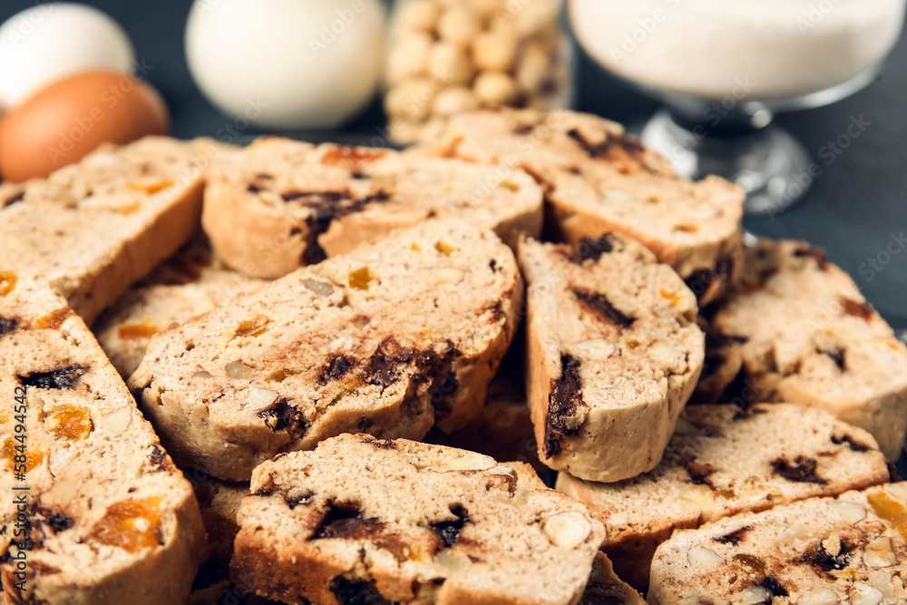 Delicious biscotti cookies on black background, closeup Delicious biscotti cookies on black background, closeup
