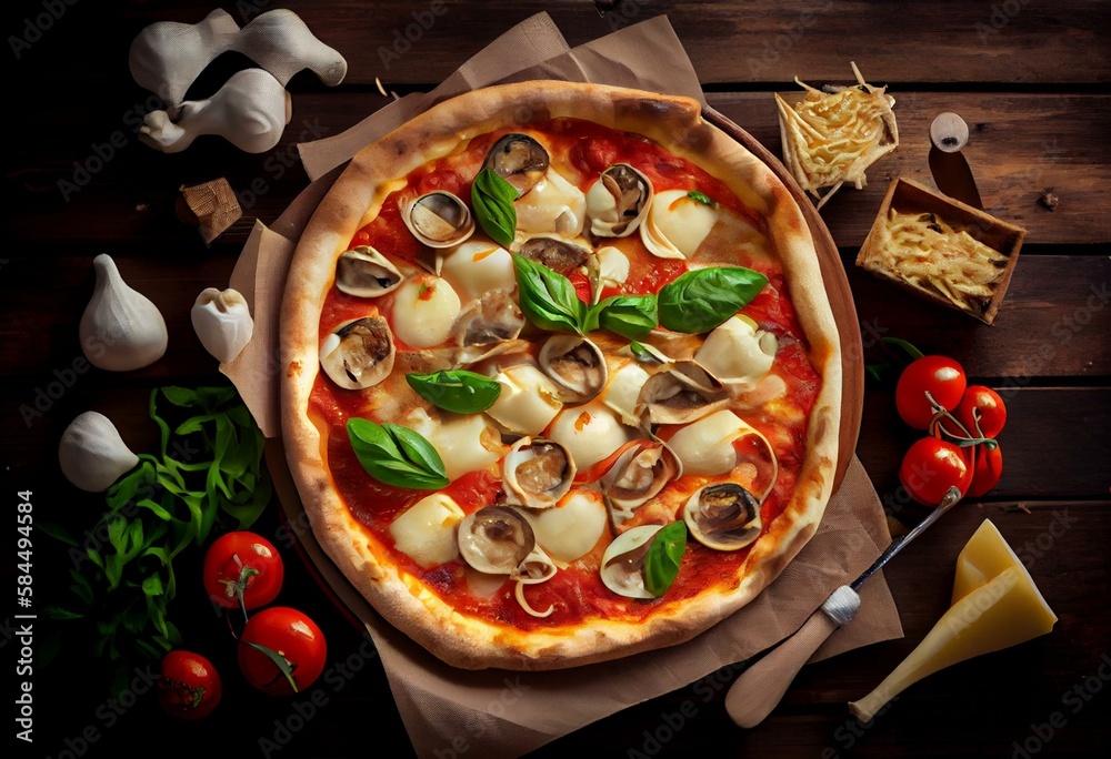 Traditionelle italienische Pizza frutti di mare Riesengarnelen, Tomaten ...