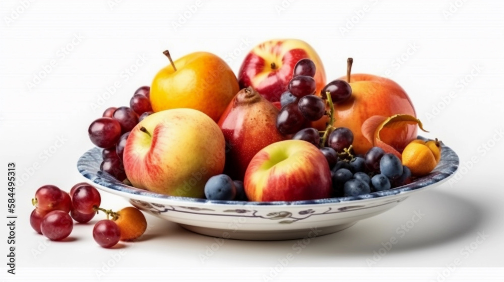 Composition with fresh fruits in a plate isolated on white background. Health food. Created using Generative AI technology. Composition with fresh fruits in a plate isolated on white background. Health food. Created using Generative AI technology.