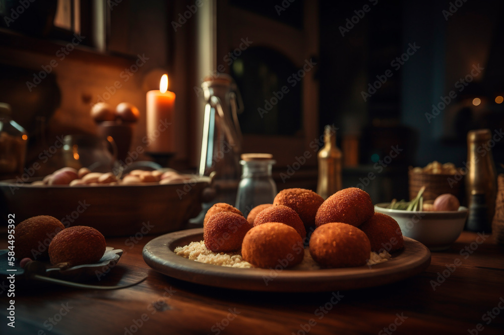 Delicious homemade croquettes on wooden table in rustic kitchen background. AI generated