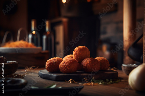 Delicious homemade croquettes on wooden table in rustic kitchen background. AI generated