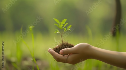 New beginnings Holding a small plant sprout in hands person , flower in soil palm, sprout new tree growing earth, nature ecology concept, generative ai