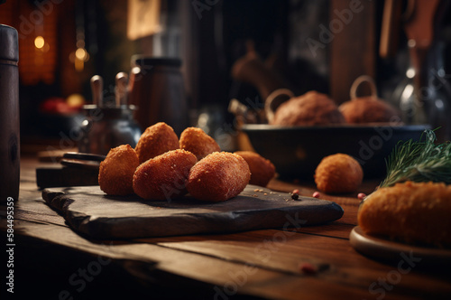 Delicious homemade croquettes on wooden table in rustic kitchen background. AI generated