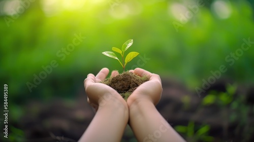New beginnings Holding a small plant sprout in hands person , flower in soil palm, sprout new tree growing earth, nature ecology concept, generative ai