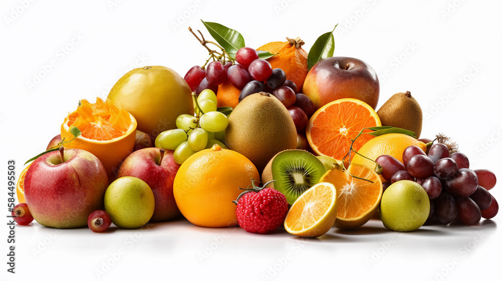 Composition with fresh fruits isolated on white background. Health food. Created using Generative AI technology. Composition with fresh fruits isolated on white background. Health food. Created using Generative AI technology.