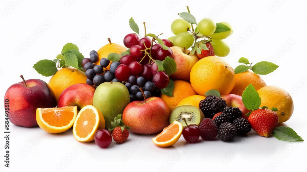 Composition with fresh fruits isolated on white background. Health food. Created using Generative AI technology.