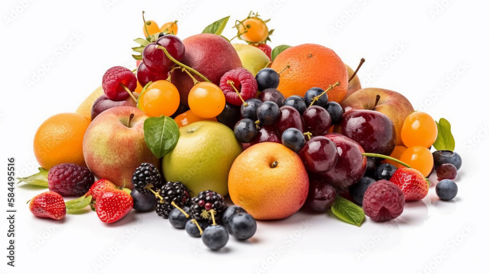 Composition with fresh fruits isolated on white background. Health food. Created using Generative AI technology. Composition with fresh fruits isolated on white background. Health food. Created using Generative AI technology.