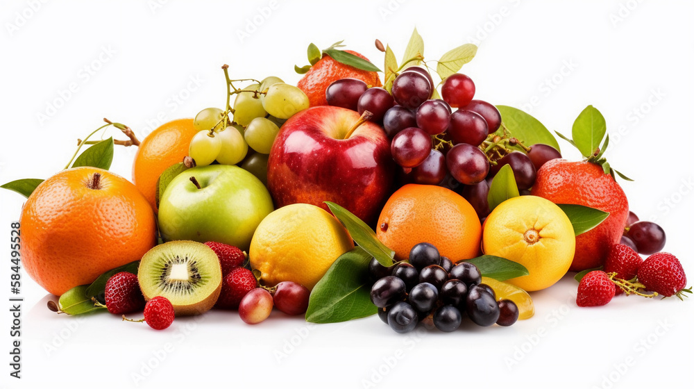 Composition with fresh fruits isolated on white background. Health food. Created using Generative AI technology. Composition with fresh fruits isolated on white background. Health food. Created using Generative AI technology.