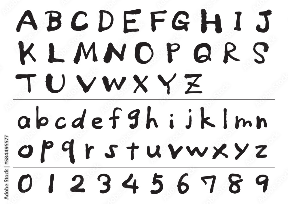 黒いインクでラフに書いたアルファベットと数字のセット 黒いインクでラフに書いたアルファベットと数字のセット