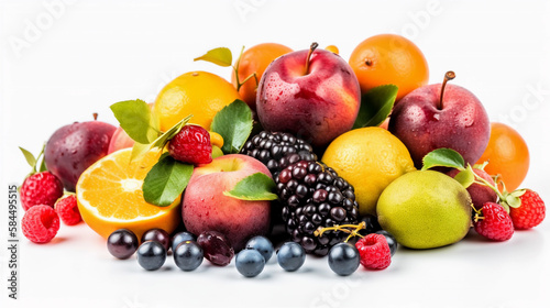 Composition with fresh fruits isolated on white background. Health food. Created using Generative AI technology.