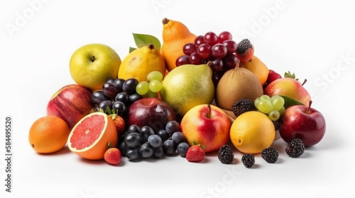 Composition with fresh fruits isolated on white background. Health food. Created using Generative AI technology.