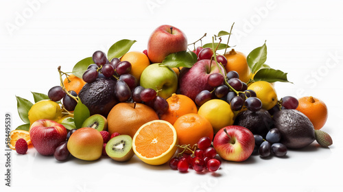 Composition with fresh fruits isolated on white background. Health food. Created using Generative AI technology.