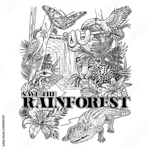 HAND DRAWN SAVE THE RAINFOREST ANIMAL MONTAGE CROCODILE ALLIGATOR PARROT FROG LEOPARD BUTTERFLY TOUCAN BIRD FLOWER FLORAL TROPICAL SCENE WATERFALL TYPOGRAPHY VINTAGE TSHIRT TEE PRINT FOR APPAREL MERCH
