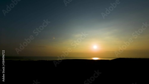 Time lapse of beautiful sunrise with weir, Dramatic clouds moving with backlight.