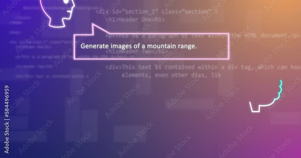 Animation of ai technology chat and images of mountains over data processing Animation of ai technology chat and images of mountains over data processing