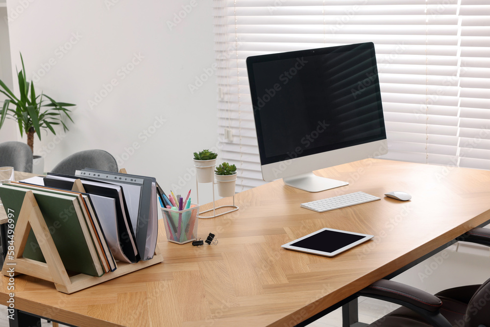 Naklejka premium Stylish workplace with computer n modern office. Interior design