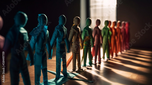 Group of miniature people with colorful ribbons.generative ai
