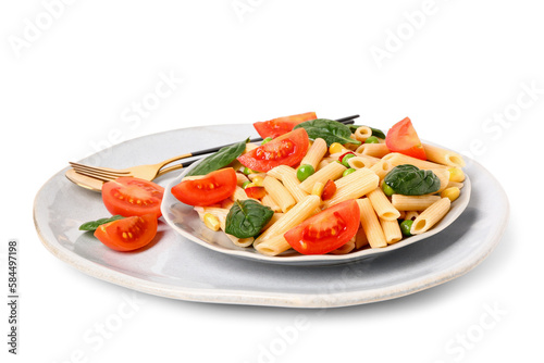 Plate with tasty pasta salad on white background