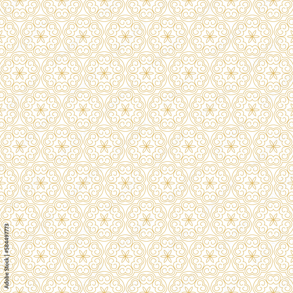 Seamless geometric pattern for wrapping, fabric and ornament. Vector illustration in gold color with star , petals, and floral ornament.