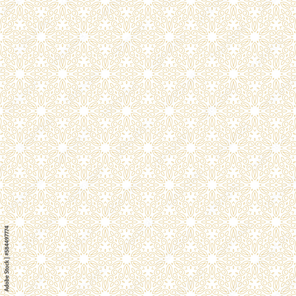 Seamless geometric pattern for wrapping, fabric and ornament. Vector illustration in gold color with star , petals, and floral ornament.