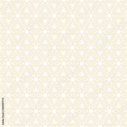 Seamless geometric pattern for wrapping, fabric and ornament. Vector illustration in gold color with star , petals, and floral ornament.