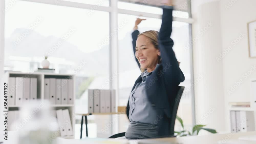 Success, celebration and happy business woman in office with good news, victory and online achievement. Corporate, winner and excited female worker smile for finance deal, wow and winning on computer Success, celebration and happy business woman in office with good news, victory and online achievement. Corporate, winner and excited female worker smile for finance deal, wow and winning on computer