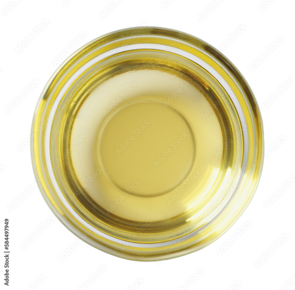 Glass bowl of cooking oil isolated on white, top view