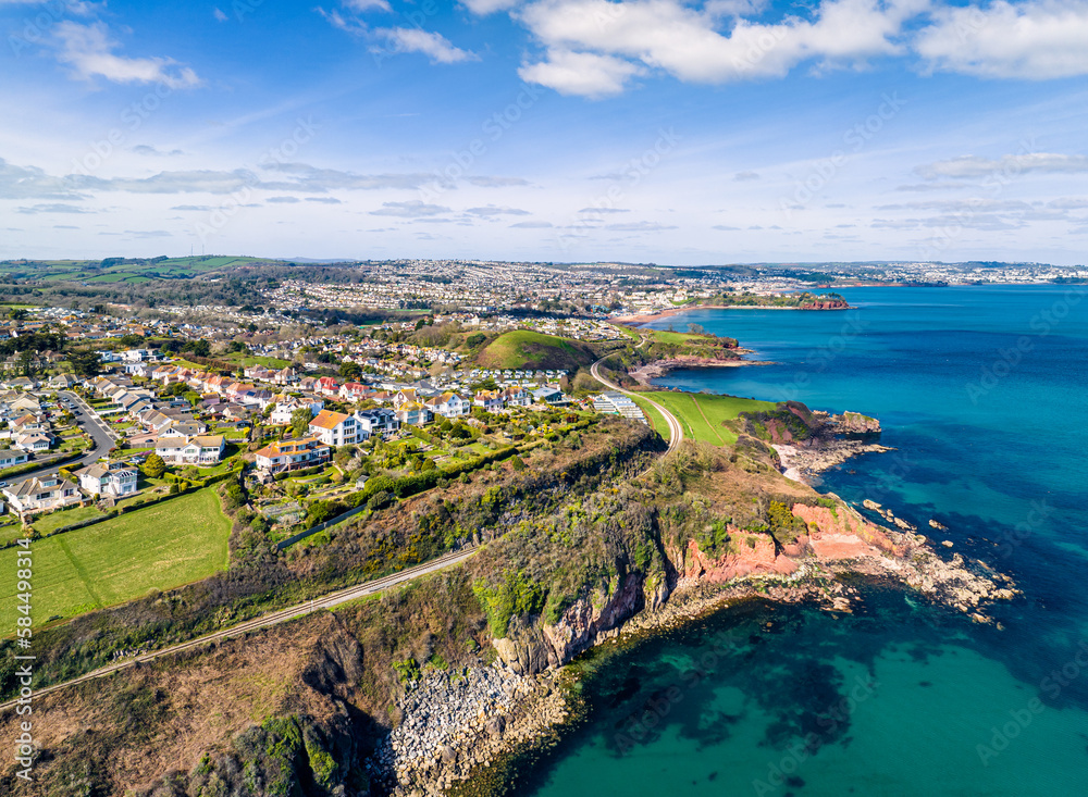 Aerial view Armchair Cove and Broadsands Beach from a drone, Paignton, Devon, England, Europe