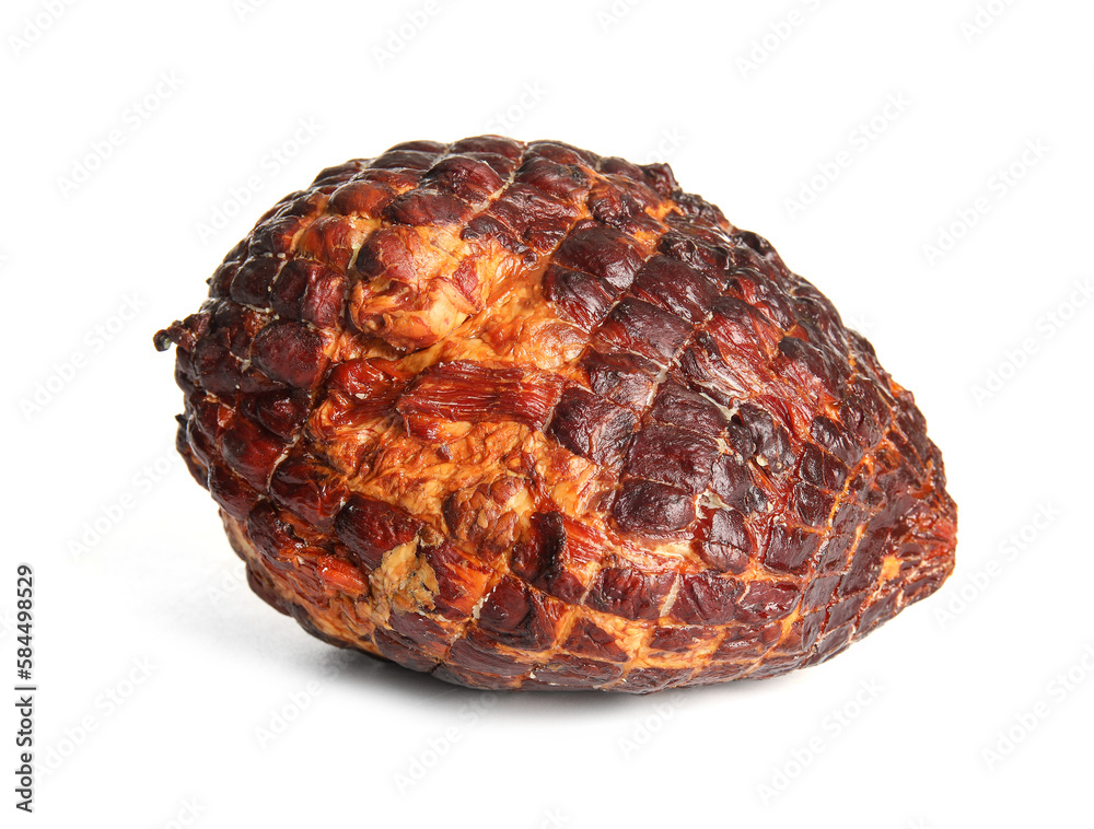 Tasty smoked ham isolated on white background Tasty smoked ham isolated on white background