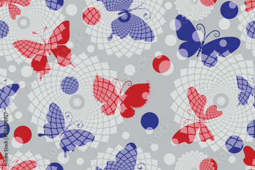 Vector gray spring seamless pattern with red and blue butterflies with dots and mandalas