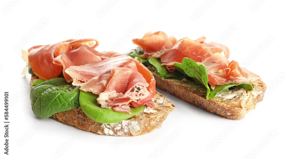 Tasty bruschettas with ham isolated on white background