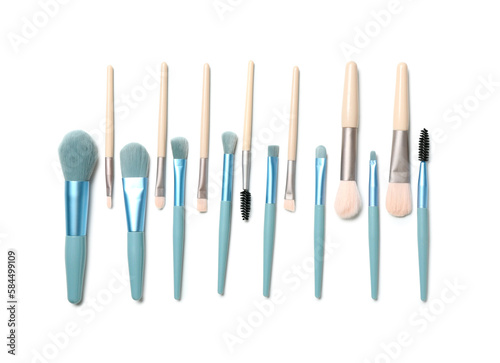 Composition with different makeup brushes isolated on white background