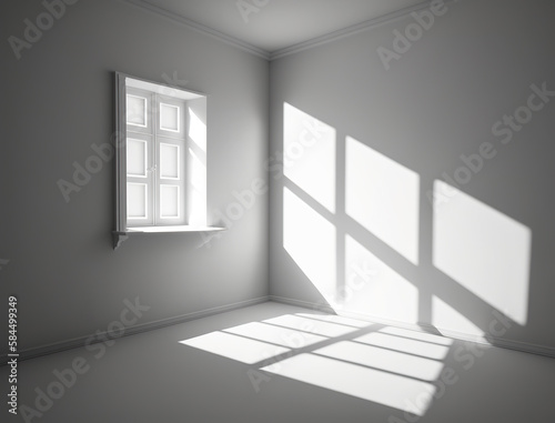 Empty white interior with the random shadow of a window. Abstract window overlay shadow sunlight. Realistic 3D illustration. Based on Generative AI
