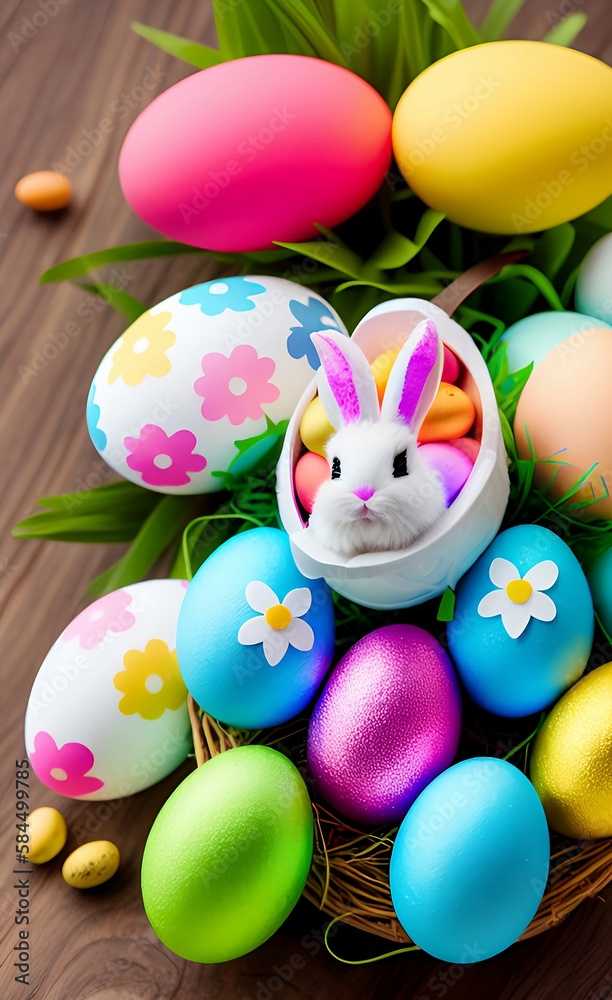 easter bunny and easter eggs, generative ai