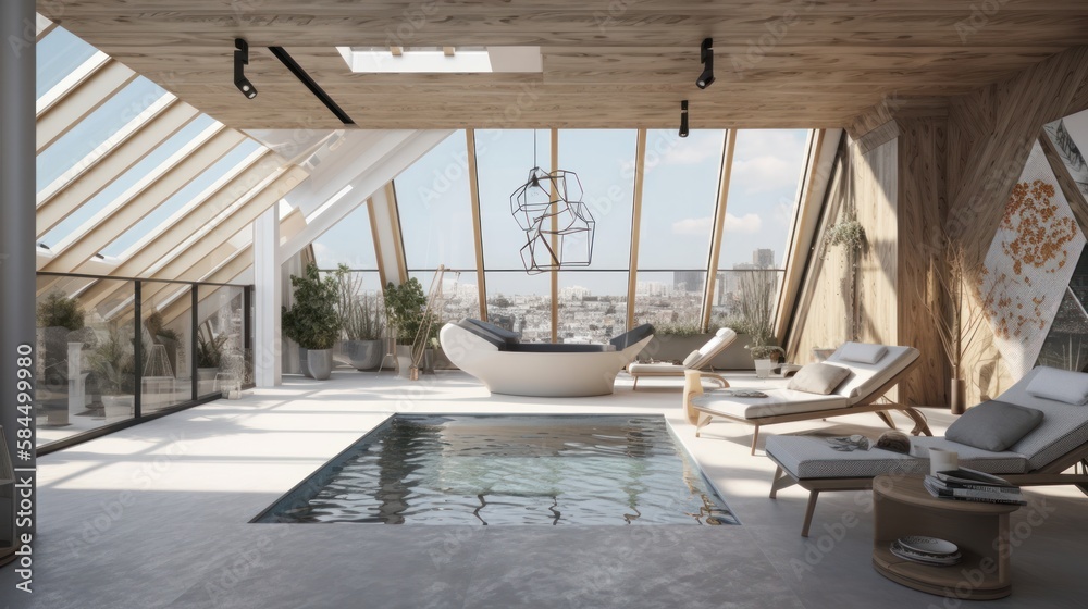 Fototapeta premium beautiful interior design indoor swimming pool with roof sky light morning sunshine blue water casual relax ambient and furniture element, image ai generate