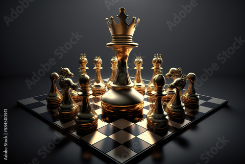 Golden king chess surrounded by enemy. Gold chess on chess board game for business metaphor. Leadership concept. Realistic 3D illustration. Based on Generative AI photo