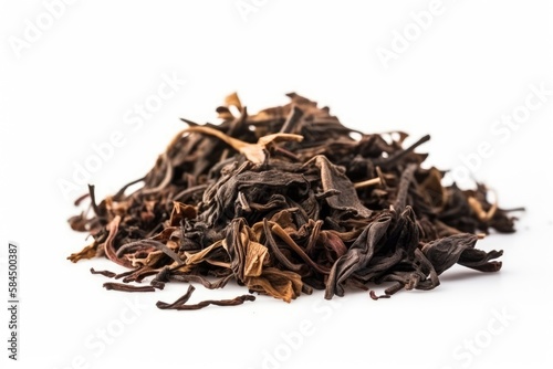 Closeup of tea leaves on white background. Created by Generative AI technology.