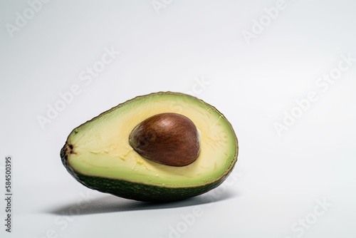 Closeup of an open avocado on white background. Created by Generative AI technology.