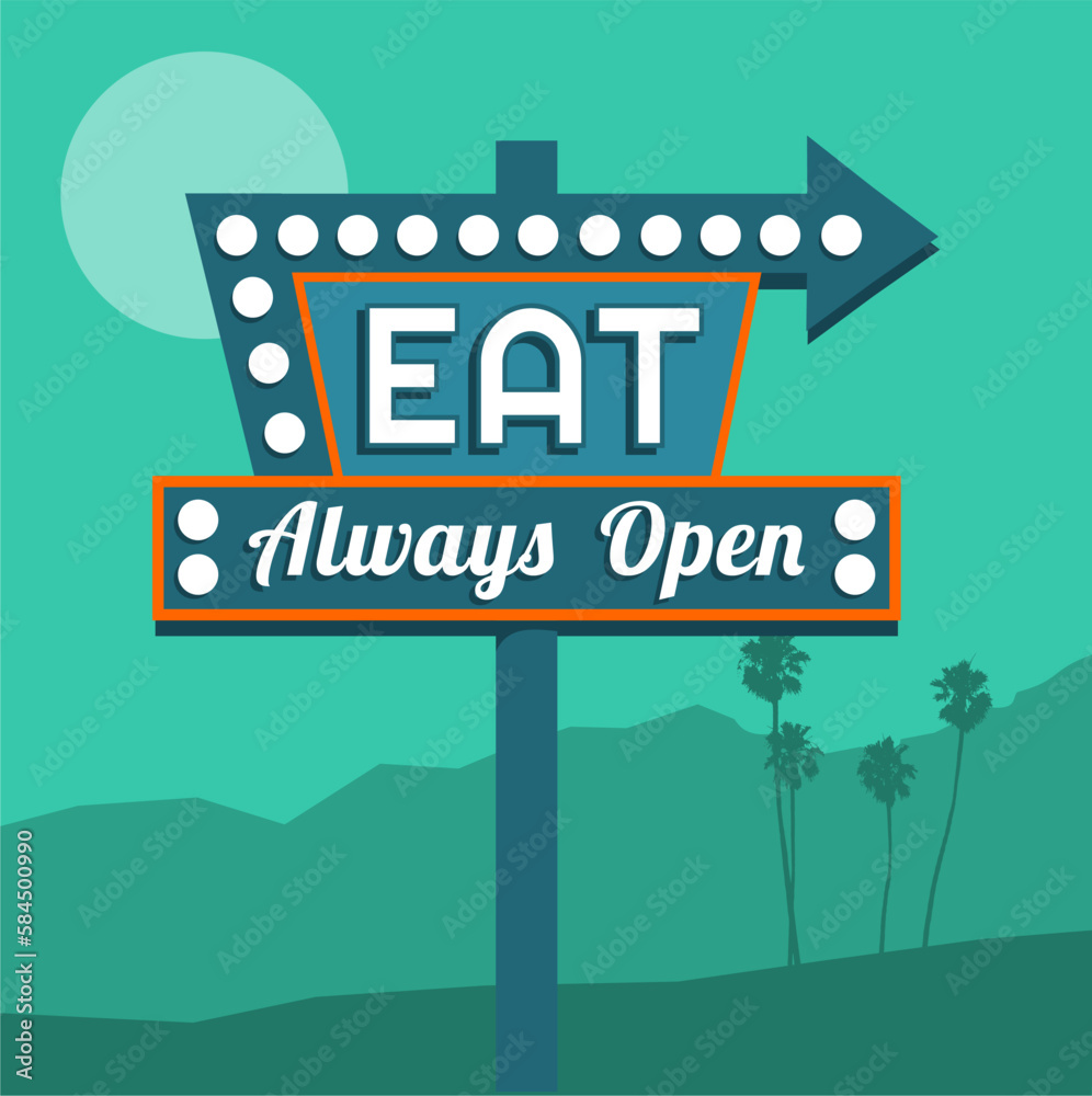 Retro neon eat sign with arrow