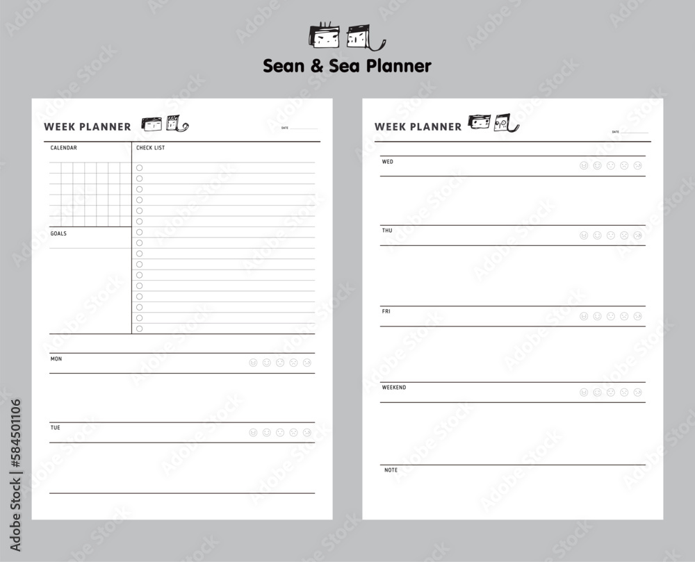 (Sean and Sea) Weekly Planner.  Minimalist planner template set.
