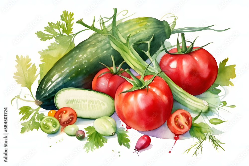 Fresh vegetables, Cherry tomatoes with cucumber, bell pepper paprika, and greenery. isolated on white background