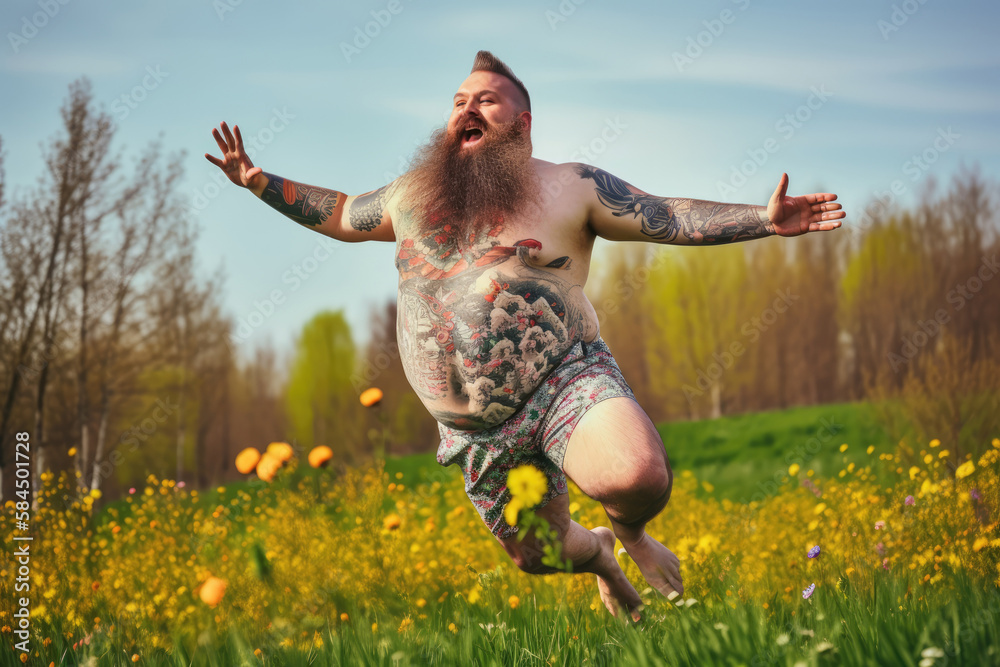 Glücklicher, übergewichtiger Mann mit Tattoos und langem Bart macht einen Luftsprung auf einer Wiese - Generative AI - obrazy, fototapety, plakaty 