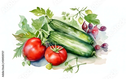 Fresh vegetables, Cherry tomatoes with cucumber, bell pepper paprika, and greenery. isolated on white background