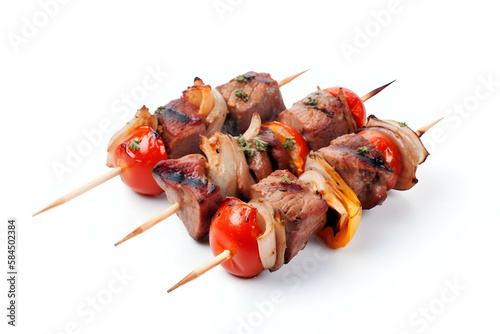 Grilled Meat Skewers and Roasted Shish Kebab with Onion and Tomatoes Isolated on White Background