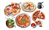 Watercolor Italian Cuisine Collection, Pizza and Spaghetti Bolognese