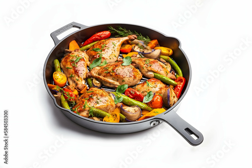 Roasted chicken legs in pan with vegetables isolated on white 