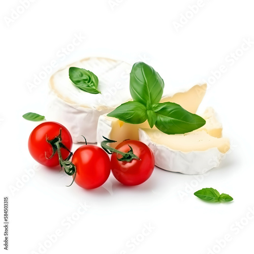 Sliced Camembert cheese with red cherry tomatoes and basil leaves isolated on white background